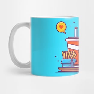 Burger, Soft Drink, French Fries, And Sauce With Love Bubble Speech Cartoon Mug